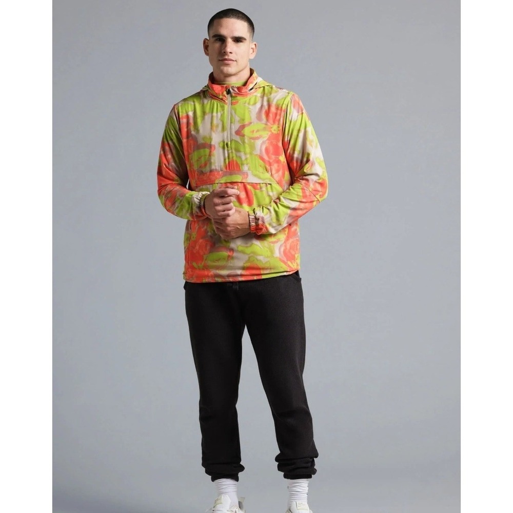 Municipal Anorak Windbreaker Mens Medium Neon Floral  Quarter Zip Hooded